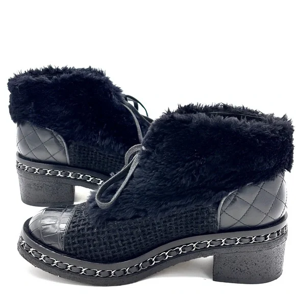 Chanel Beaver Fur Trimmed Alligator Skin Tweed Black Lace Up Boots - Picture 5 of 9
